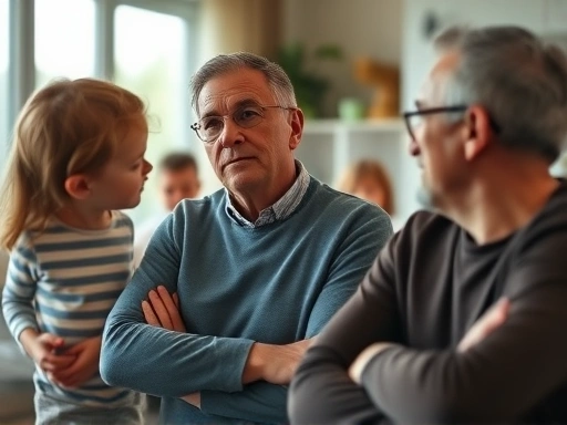A mature couple thoughtfully discussing, with a blurred image of children playing in the background, in a modern, warm home setting, emphasizing communication and family harmony. Focus on adult interaction with subtle family elements.