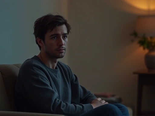 A person sitting alone in a room, looking thoughtful and slightly sad, surrounded by soft, muted light, reflecting on a recent breakup. Focus on subtle emotional expression.