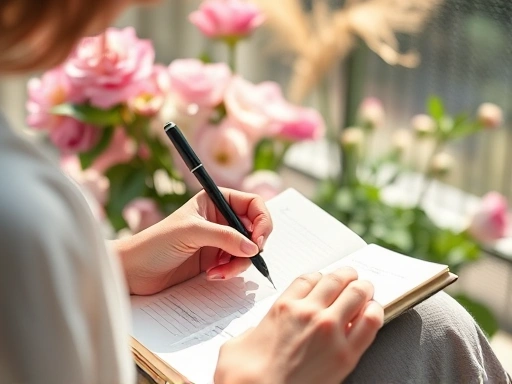 A person thoughtfully sketching in a journal, with blooming flowers in the background, symbolizing emotional growth and renewal after a breakup, under soft natural light, conveying peace and introspection.