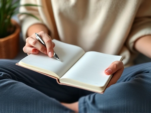 Close-up shot of hands holding a journal, with a pen, or a person meditating peacefully, surrounded by elements of self-care like plants or a warm blanket, symbolizing healing and inner peace after a breakup.