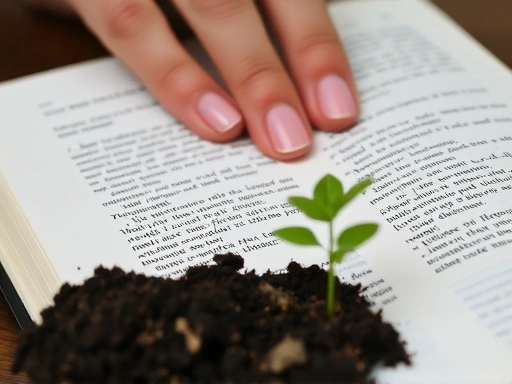 Close-up of a hand gently turning a page in a journal filled with reflections, a small vibrant green sprout emerging from the soil next to it, representing new beginnings and resilience after personal hardship.