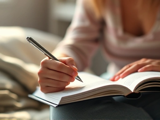 Close-up of a person journaling or meditating, focusing on self-care and internal peace after a breakup, with gentle sunlight, emphasizing emotional recovery and moving forward.