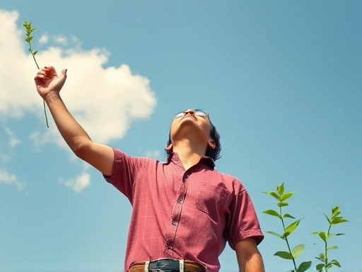A person finding strength and healing after a breakup, symbolizing self-esteem recovery, with a clear sky and supportive elements in the background, like growing plants.