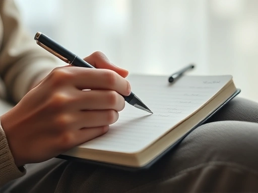 A close-up of a person's hands holding a journal and a pen, writing down thoughts and emotions, symbolizing self-reflection and healing after a breakup. Soft, comforting light.