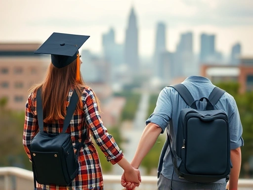 A hopeful campus couple holding hands on graduation day, looking towards a blurred future city, representing their post-graduation future concerns.