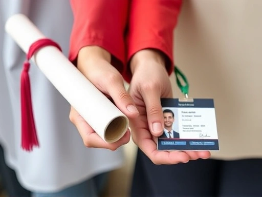 Close-up of two hands, one holding a university diploma and the other a professional work ID, symbolizing the transition and future decisions for a campus couple after graduation.