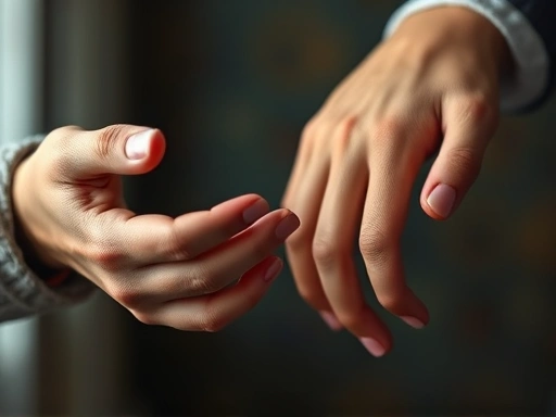 A close-up of two hands, one reaching out tentatively and the other holding back, symbolizing emotional distance and attraction, with a blurred background showing psychological concepts like attachment theory and self-esteem.