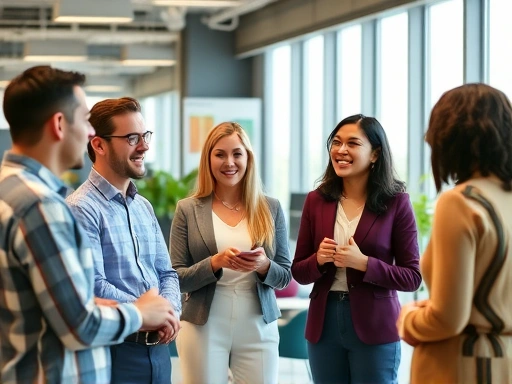 A professional office environment where diverse colleagues are having a light, friendly conversation in a modern workspace, focusing on natural interaction and positive body language, illustrating building rapport. Include elements of collaboration and mutual respect.