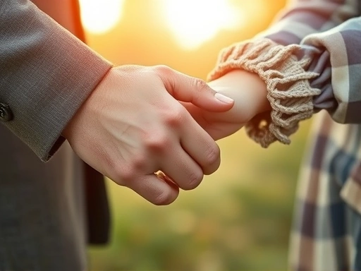 Close-up of a man's hand gently holding a woman's hand, symbolizing commitment and trust, with a blurred background suggesting shared future and deep connection. 