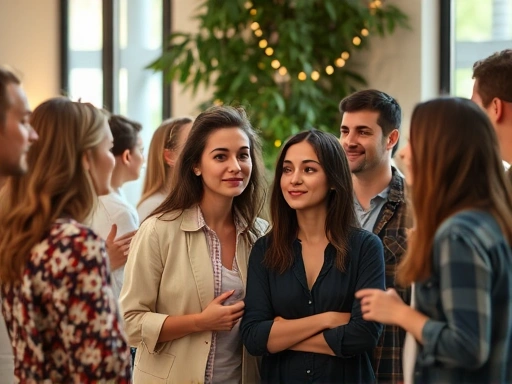 A diverse group of friends having a conversation, with one person looking slightly contemplative, symbolizing managing social circles after a breakup, in a warm, empathetic light. Focus on the nuances of maintaining relationships while respecting personal boundaries.