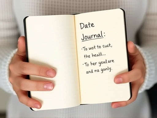 A close-up of a person's hands holding a journal, with positive affirmations written, symbolizing self-reflection, personal growth, and overcoming dating insecurity.