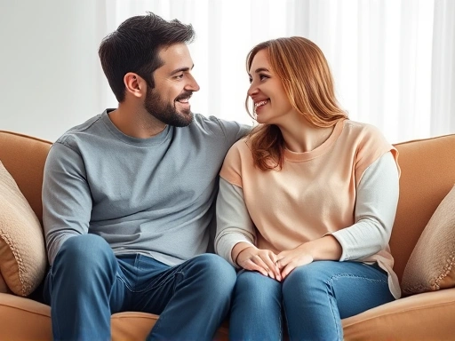 A couple sitting on a sofa, looking at each other with open body language, softly smiling. The scene is cozy and supportive, emphasizing clear and loving communication for a confident relationship.