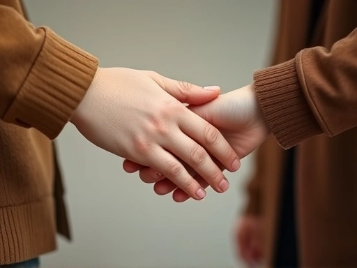 Close-up of two hands gently holding, symbolizing support and connection during a conversation in a relationship. Focus on empathy and trust in communication.