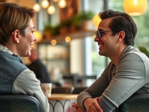 A person smiling and actively listening to another person in a cozy cafe setting, showing genuine interest and connection. Focus on open body language.