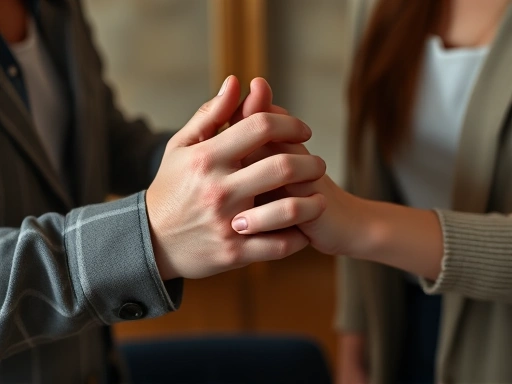 Close-up of a couple's hands gently clasped, symbolizing trust and connection, while they actively listen to each other during a serious conversation.