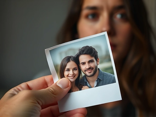 Close-up of a hand holding a crumpled photo of a happy couple, with a thoughtful, slightly sad expression on a person's face in the background, conveying a sense of longing and reflection after a breakup.