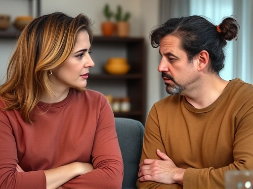 A couple having a serious conversation, one partner listening empathetically to the other who looks upset, showing active listening and understanding in a home setting. Focus on their facial expressions and body language in a calm atmosphere.