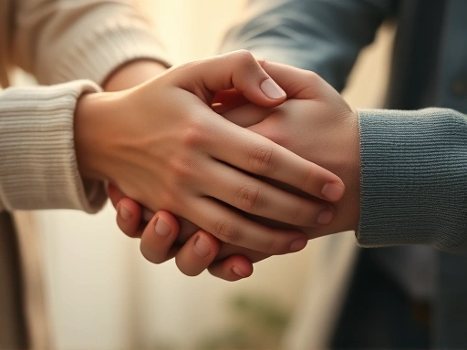 A close-up shot of two people's hands gently clasped together, symbolizing trust and connection in a relationship. Focus on warm lighting and soft textures, including keywords relationship, trust, connection.