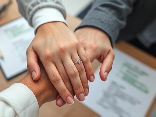 Close-up of two hands, one male and one female, gently holding each other, symbolizing support and connection in a relationship, with a blurred background of a desk with documents or a laptop, hinting at shared efforts for dreams.