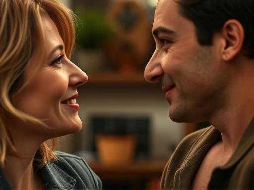 Close-up of two people in a friendly conversation, one actively listening and showing genuine interest, with subtle positive non-verbal communication like eye contact and open posture.