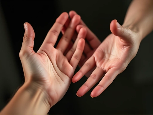 Close-up of two hands, one reaching out gently and the other slightly recoiling or pulled back, representing the challenge of emotional connection with an avoidant attachment style, subtle lighting, soft focus, effective communication.