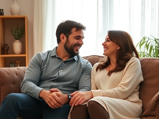 A couple sitting on a cozy sofa, holding hands, smiling and looking into each other's eyes, conveying deep connection and healthy communication strategies in a warm living room setting, soft lighting, focus on their faces.