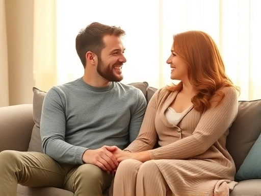 A harmonious couple, sitting on a cozy sofa, holding hands and looking at each other with understanding smiles, bathed in soft, warm light, representing psychological methods for resolving couple conflicts.