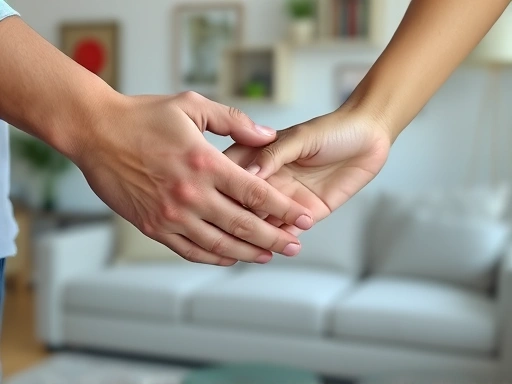Close-up of two hands gently holding, symbolizing empathy and mutual understanding, with a blurred background of a living room, focusing on connection in couple conflict resolution.