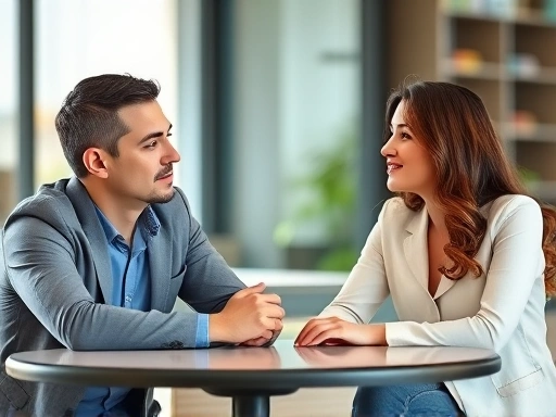 A couple is sitting at a table, calmly discussing their relationship. The woman is speaking assertively, while the man listens attentively, showing mutual respect and healthy communication dynamics. Focus on their expressions and body language in a modern setting. Keywords: relationship communication, assertiveness, mutual respect.