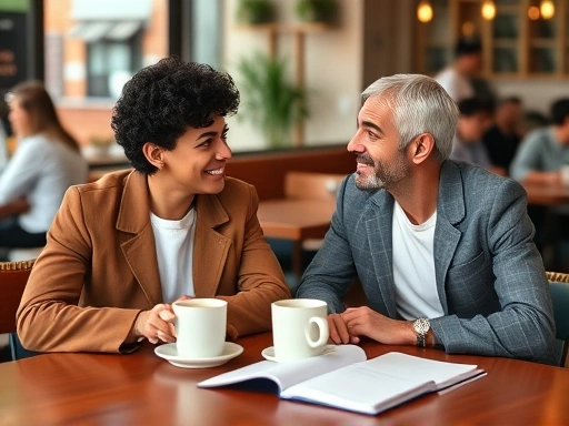 A diverse couple sitting at a cafe, discussing their different preferences in a calm and understanding manner, with coffee cups and an open notebook on the table.