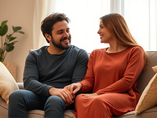 A loving couple sitting on a cozy couch, holding hands, engaged in a serious yet hopeful conversation about their future, with warm lighting. Focus on a comfortable, domestic setting.