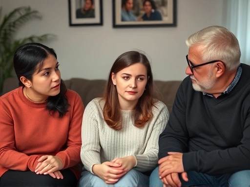 A concerned young couple sits with their parents, engaged in a serious discussion about their relationship. The atmosphere is tense but hopeful, showing communication efforts.