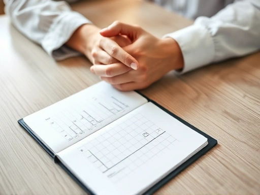 Close-up of two hands gently clasped together on a table with a notebook open next to them, suggesting planning or agreement, symbolizing compromise and building shared future, harmonious colors.