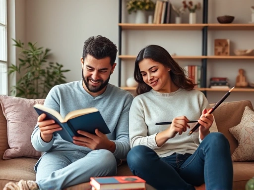 A couple finding balance between personal hobbies and shared moments, illustrating healthy relationship dynamics, with one partner reading a book alone while the other is engaging in a hobby like painting. The scene is calm and respectful.
