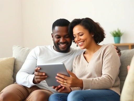 A diverse couple sits comfortably on a sofa, looking at a tablet together, smiling, with a subtle background suggesting a cozy home environment. They are discussing their future plans, embodying open communication and shared vision.