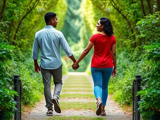 A diverse couple holding hands, walking on a path surrounded by lush greenery, symbolizing growth and unity in a modern relationship.