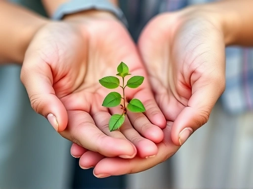 Close-up of two hands intertwined, with a small plant sprouting from the shared palm, representing mutual growth and nurturing in a loving partnership.