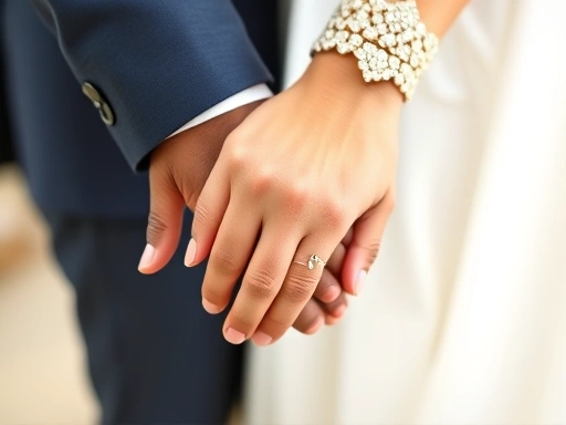 Close-up of a diverse couple's hands gently clasped together, symbolizing trust and commitment, with a blurred background of a shared future vision or a wedding ring.