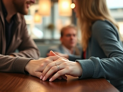 A close-up shot of a couple's hands gently touching on a table in a warm, cozy cafe setting, suggesting a deep, intimate conversation and emotional connection about understanding each other's inner thoughts.