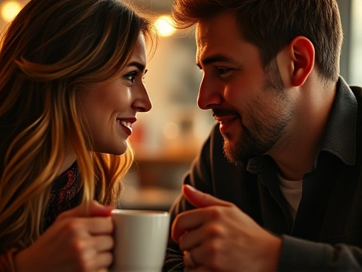 Close-up of a couple engaged in a deep, meaningful conversation over coffee, emphasizing their connection and quality time, with warm, inviting lighting and expressions of mutual understanding.