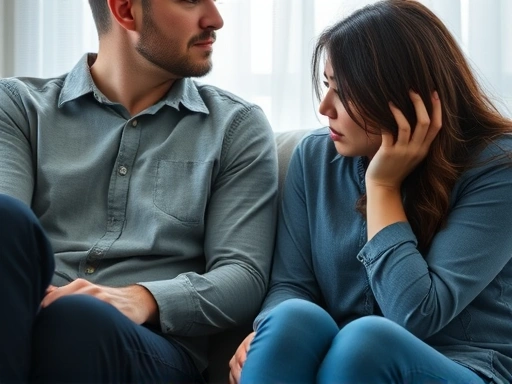 Close-up of a couple sitting on a couch, engaged in a serious and difficult conversation, showing subtle tension and emotional discomfort, symbolizing relationship issues.