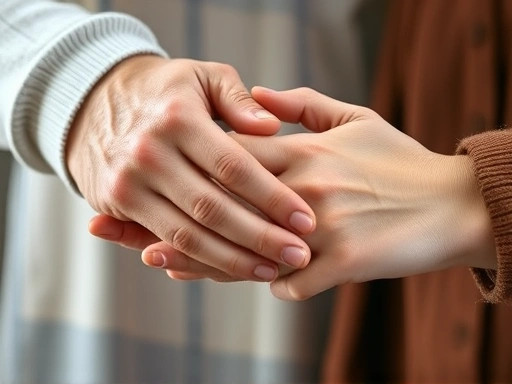 A close-up shot of two hands, one slightly older and one younger, gently holding together, symbolizing unity, support, and overcoming challenges in an older-younger relationship. The background is softly blurred to focus on the connection. Keywords: age-gap relationship, support, unity, connection, trust. 