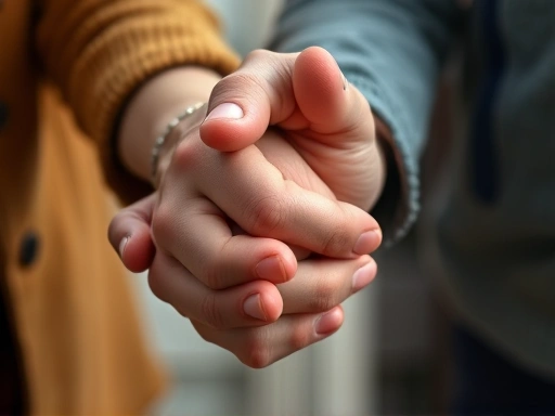 Close-up shot of two hands holding, one person's hand gently squeezing the other's in a gesture of encouragement and empathy, symbolizing mutual support in a challenging moment.