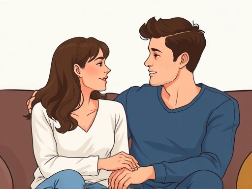 A close-up illustration of a young couple (man and woman) sitting intimately on a sofa, looking at each other with caring expressions, engaged in a private, supportive conversation, reflecting honest feedback and emotional processing after a significant event.