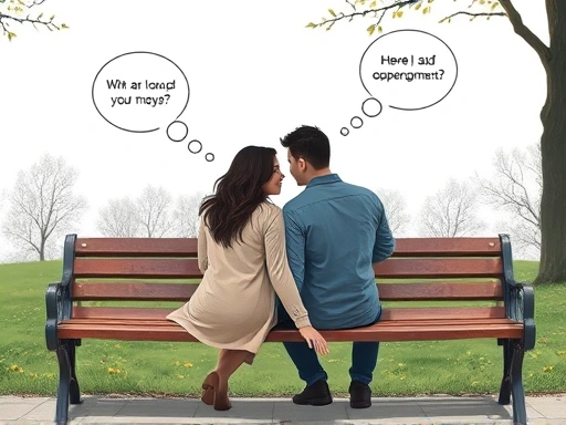 A couple sitting on a park bench, physically close but emotionally distant, with thought bubbles indicating individual struggles and a subtle sense of dependency. Keywords: relationship, dependency, emotional distance, couple, introspection.