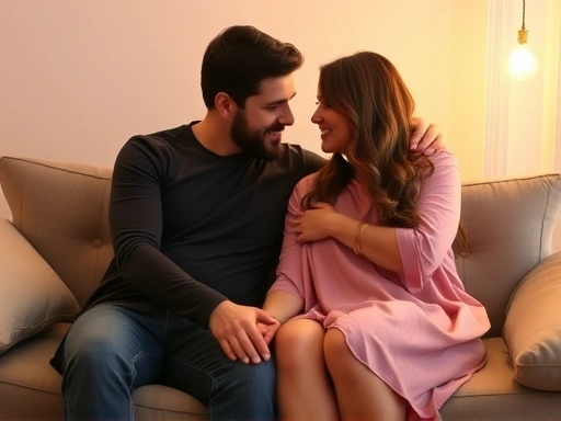 A couple sitting on a couch, gently holding hands, with a soft, warm light surrounding them, symbolizing understanding and acceptance in a relationship. Focus on their genuine connection and open communication.