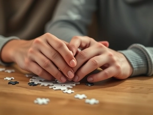 Close-up of a couple's hands working together on a puzzle or small project, symbolizing shared activities and problem-solving as expressions of love, focused on hands, soft lighting, detailed, collaborative atmosphere.