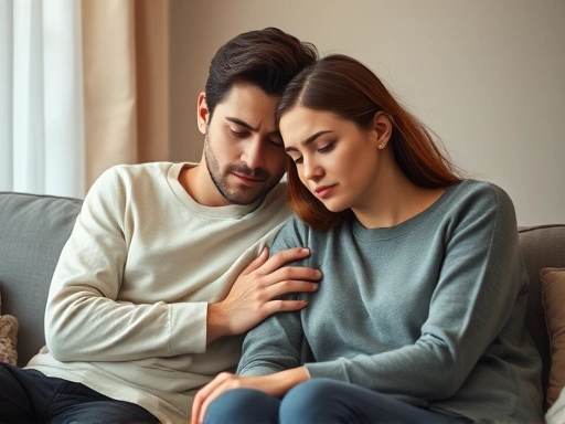 A couple sitting closely, one person comforting the other who looks stressed, focusing on empathetic dialogue and support, with warm lighting. Keywords: relationship, stress, comfort, empathy, communication, support, couple, emotional.