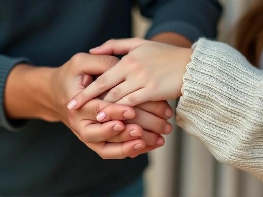 Close-up of a man holding a woman's hand, offering comfort and unwavering support, with a gentle, reassuring gesture, focus on intertwined fingers.