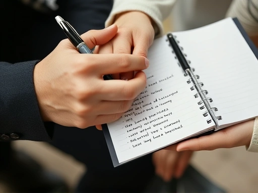 A close-up shot of two hands clasped together, one holding a pen over a notebook with various aspirations written, symbolizing partnership and mutual support for dreams and goals in a relationship.